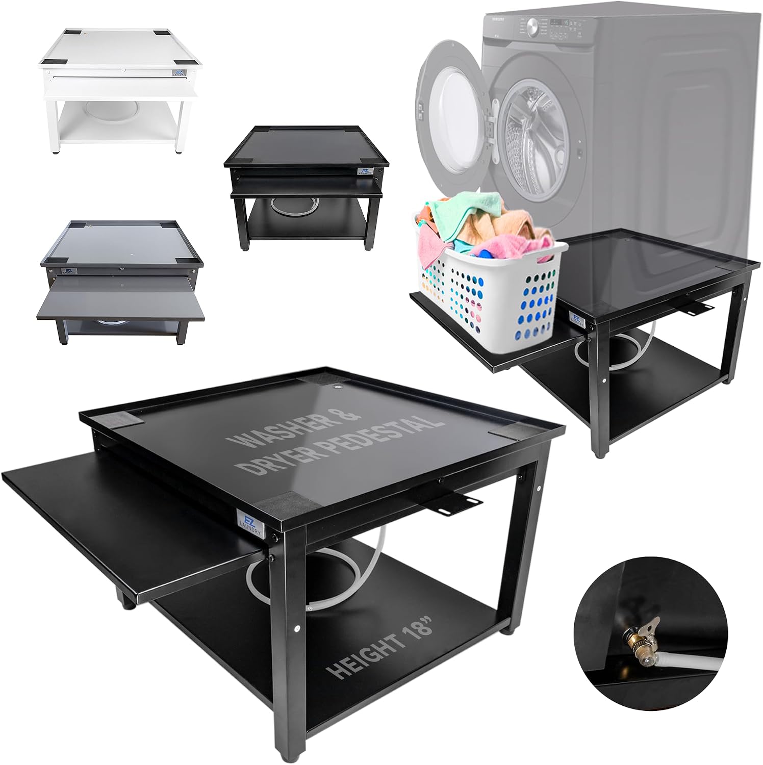 Washer and Dryer Pedestal with Pullout-Shelf - 27' W, 18' H, Black Steel Universal Fit with Major Brands | Laundry Pedestal with Drain Pan & Hose | Washer Stand for Back Pain Relief, 800 lbs Capacity