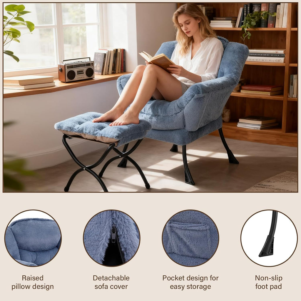 Welnow Lazy Chair with Ottoman, Modern Accent Chair with Armrests and a Side Pocket, Leisure Sofa Armchair Set, Reading Armchair with Footrest for Small Space, Plush Light Blue