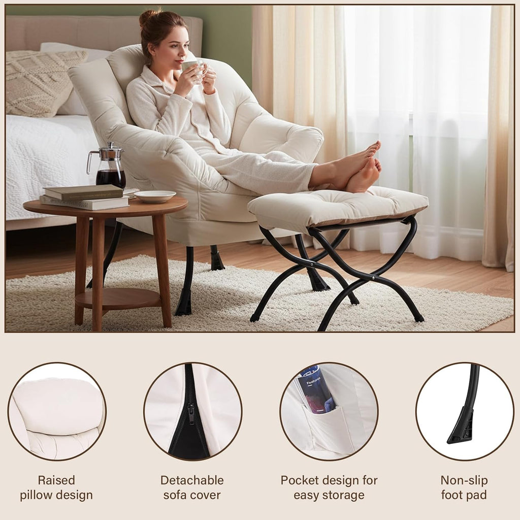 Welnow Lazy Chair with Ottoman, Modern Accent Chair with Armrests and a Side Pocket, Leisure Sofa Armchair, Reading Armchair with Footrest for Small Space, Beige