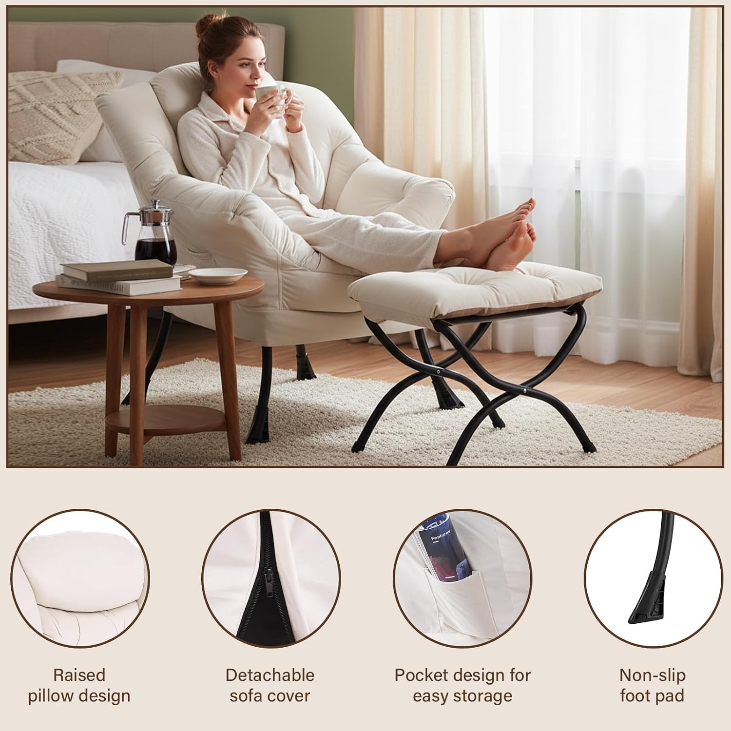 Welnow Lazy Chair with Ottoman, Modern Accent Chair with Armrests and a Side Pocket, Leisure Sofa Armchair, Reading Armchair with Footrest for Small Space, Beige