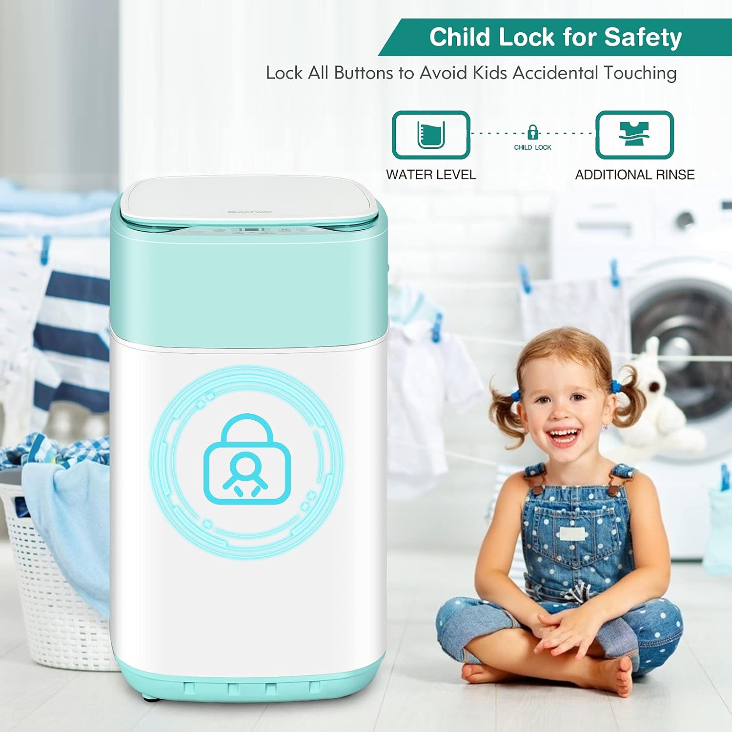 COSTWAY Portable Washing Machine, 8 Lbs Capacity, Built-in Drain Pump, Compact Laundry Washer with 6 Programs, 6 Water Levels, Child Lock, Full-Automatic washer for RV, Dorm, Apartment, Green