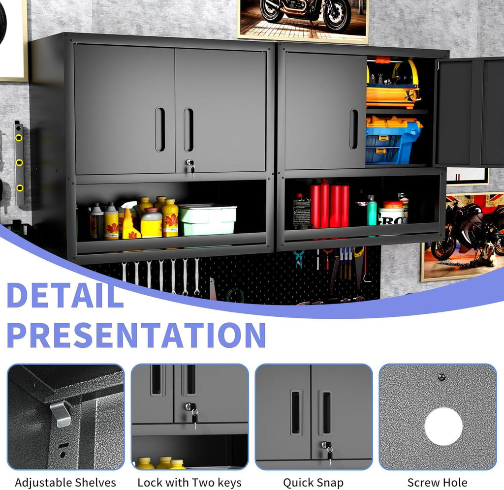 Metal Garage Wall Cabinet with Lock, Wall Mounted Metal Storage Cabinets with Doors and Shelf, Lockable Floating Tool Storage for Garage Basement Utility Room