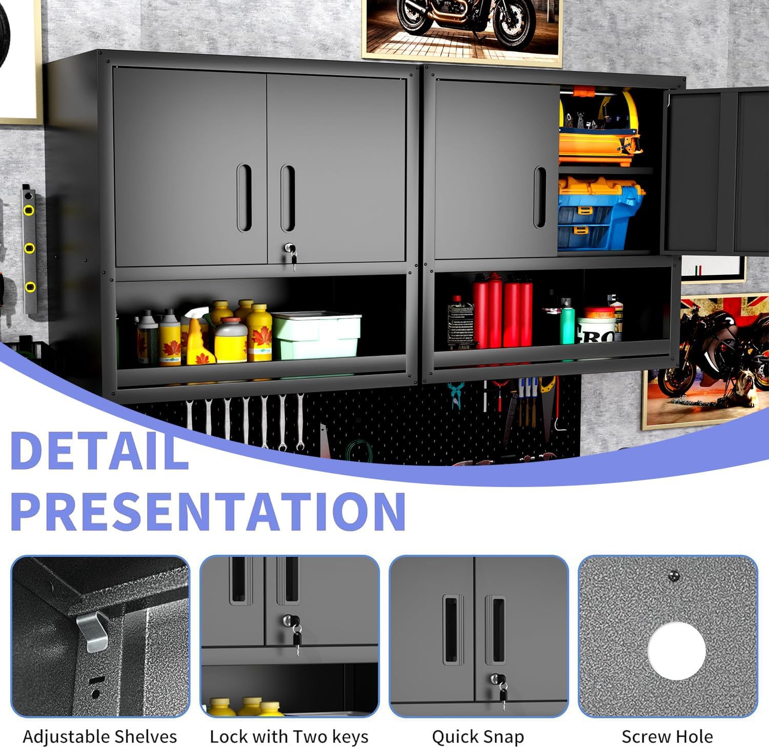 Metal Garage Wall Cabinet with Lock, Wall Mounted Metal Storage Cabinets with Doors and Shelf, Lockable Floating Tool Storage for Garage Basement Utility Room