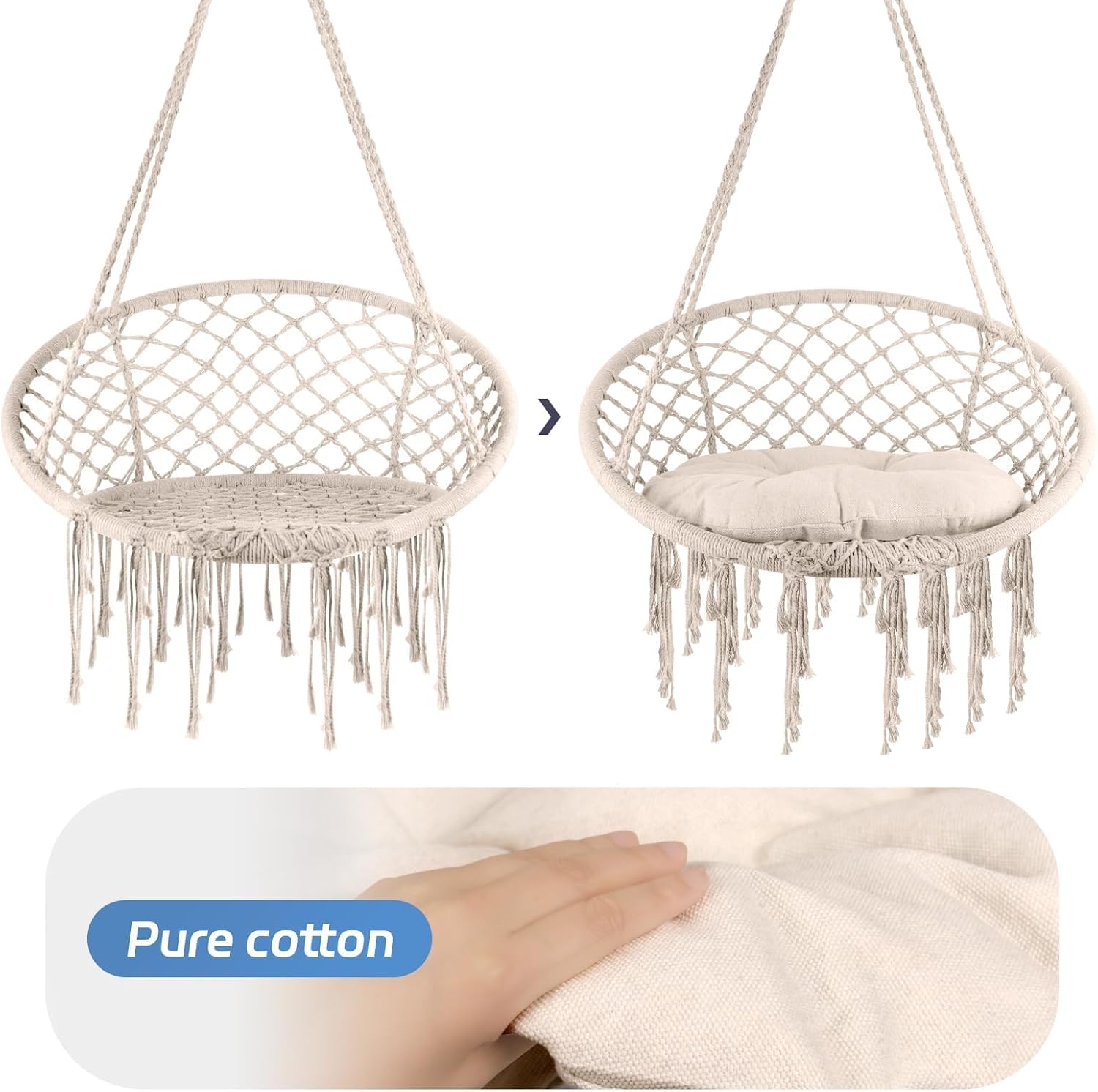 Hammock Chair, 330Lbs Swing Chair for Bedroom, Swing Chair with Comfy Cushion, Hanging Chair, for Bedroom, Porch, Adults, Balcony (Beige 3PCS)