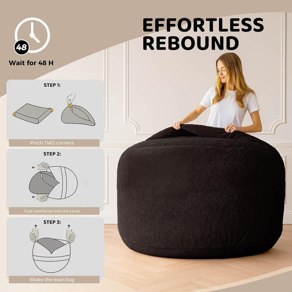 Adult Bean Bag Chair Bed, Bean Bag Sofa with Filling, Memory Foam, Comfortable Floor Sofa Bed, Boneless Floor Chair, Suitable for Living Room Bedroom Dormitory Balcony Lounge (Black, Chair Bed)