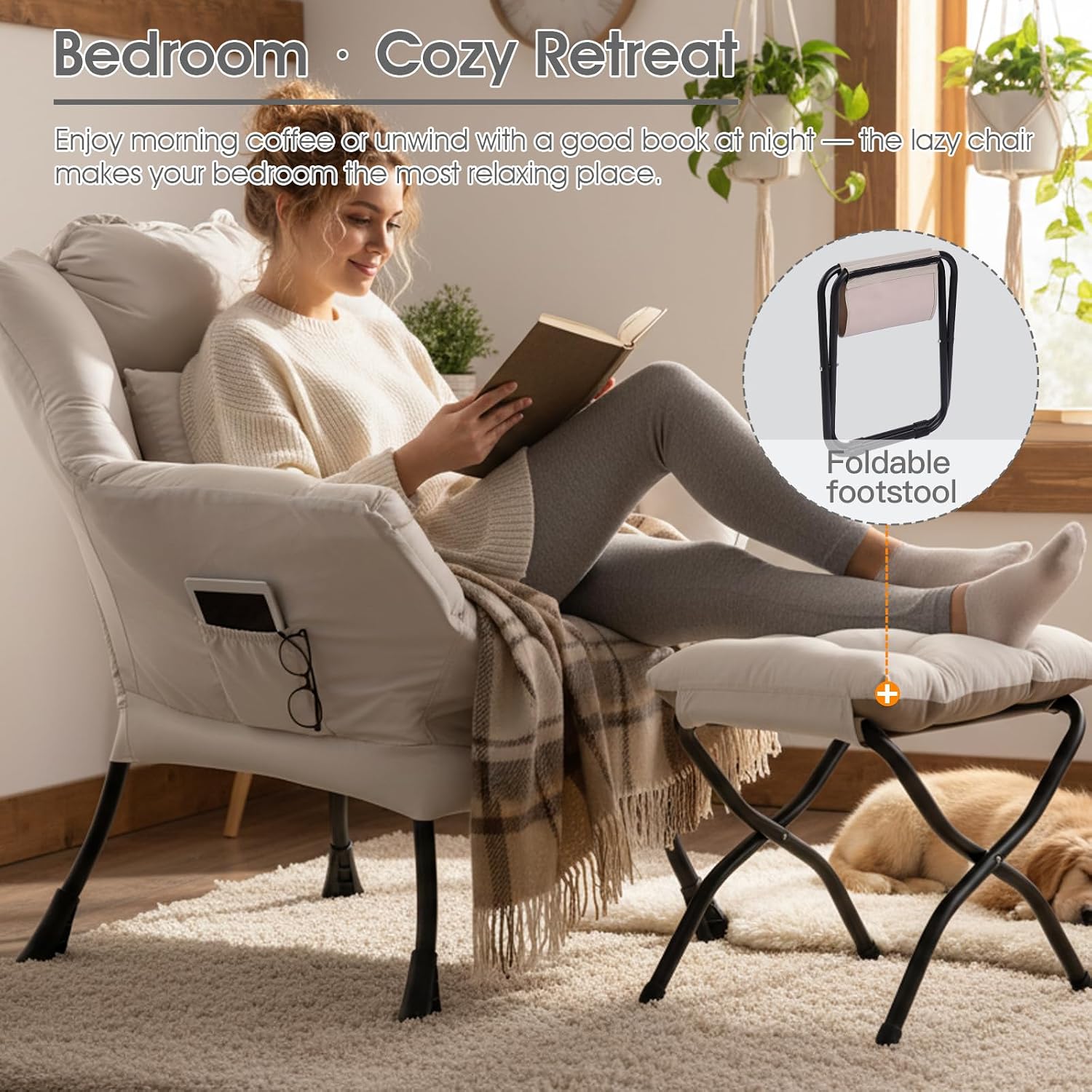 Lazy Chair with Ottoman, Large Accent Chair with Ottoman and a Throw Pillow, Beige Reading Chair for Living Room Bedroom Dorm Room Office Apartment Relaxing Use