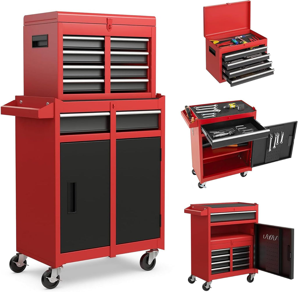 Tool Chest, 5-Drawer Rolling Tool Storage Cabinet with Detachable Top Tool Box, Liner, Universal Lockable Wheels, Adjustable Shelf, Locking Mechanism, Metal Tool Cart for Garage Workshop