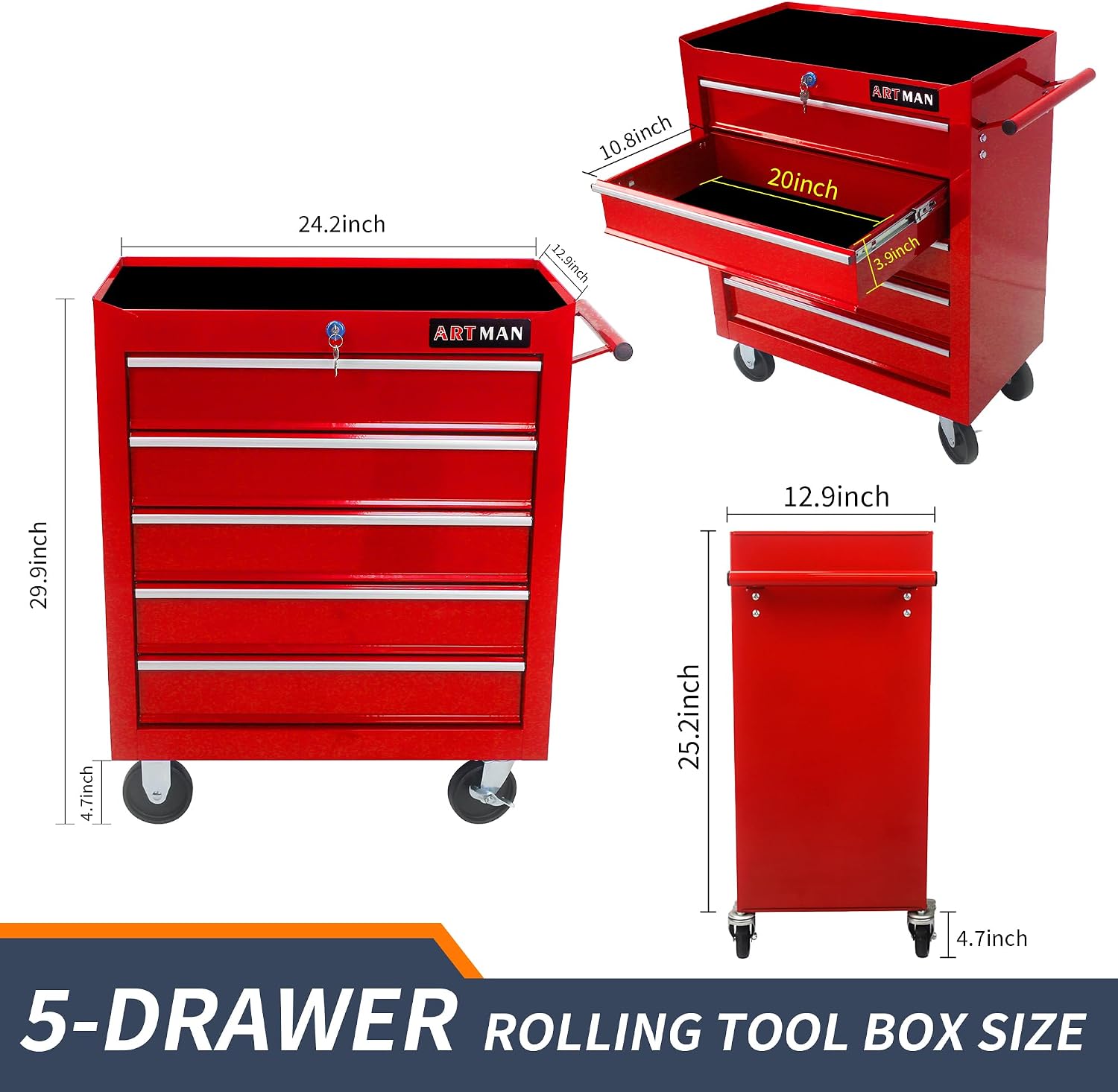 5 Drawers Rolling Tool Box，Tool Chest on Wheels, Lockable Tool Storage Cabinet Organizer Cabinet for Garage, Warehouse, Repair Shop, Workshop
