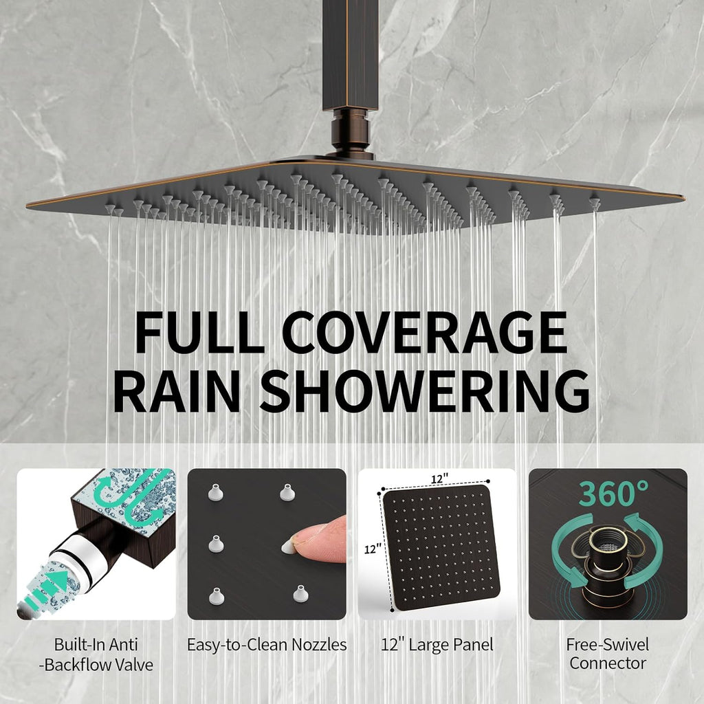 SR SUN RISE 12 Inch Oil Rubbed Bronze Shower System Brass Bathroom Luxury Rain Mixer Shower Combo Set Ceiling Mounted Rainfall Shower Head System Faucet Trim Repair Kits with Rough-In Valve and Trim