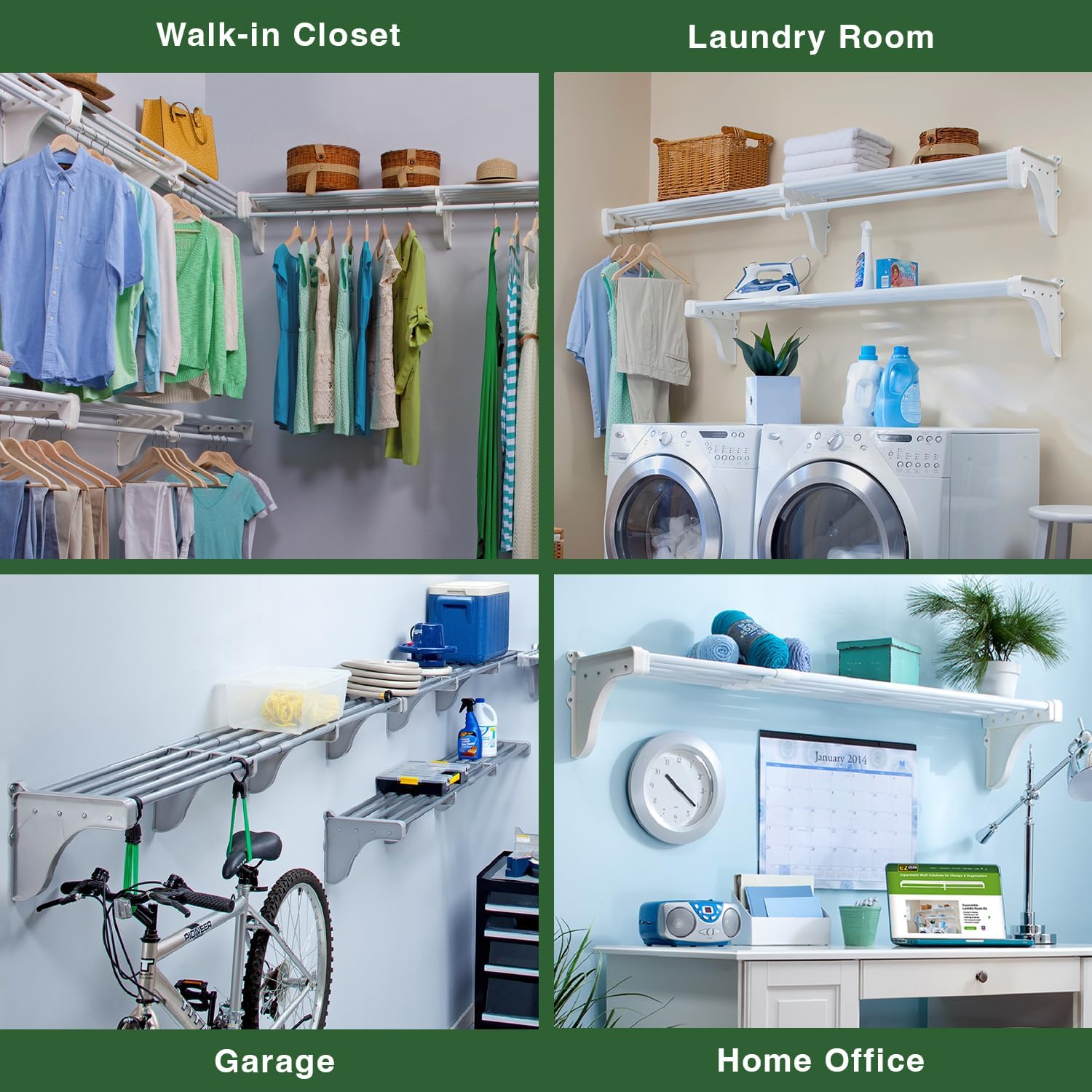 EZ Shelf Expandable Laundry Room Shelves Over Washer and Dryer - 2 Shelves (Expands 63.3 to 120') - 1 With Hanging Rod - White - Laundry Room Organization