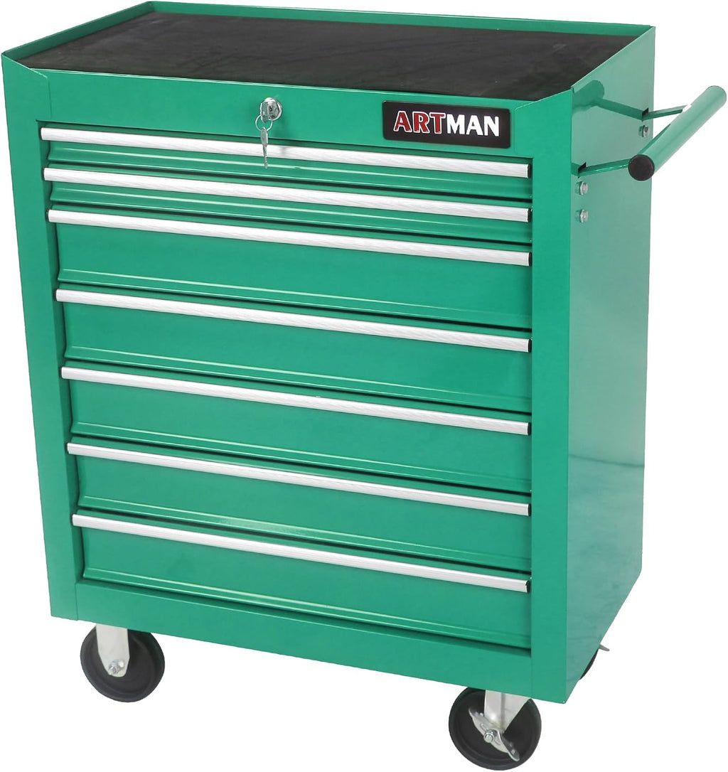 7 Drawer Tool Cart: Multifunctional US General Tool Box on Wheels and Rolling Toolbox (Green)