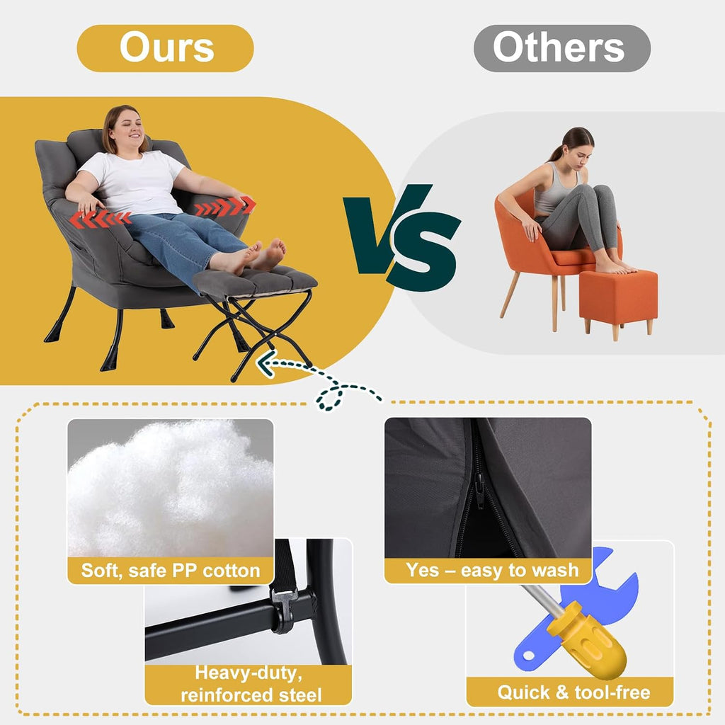 Lazy Chair with Ottoman, Large Accent Chair with Ottoman and a Throw Pillow, Dark Grey Reading Chair for Living Room Bedroom Dorm Room Office Apartment Relaxing Use