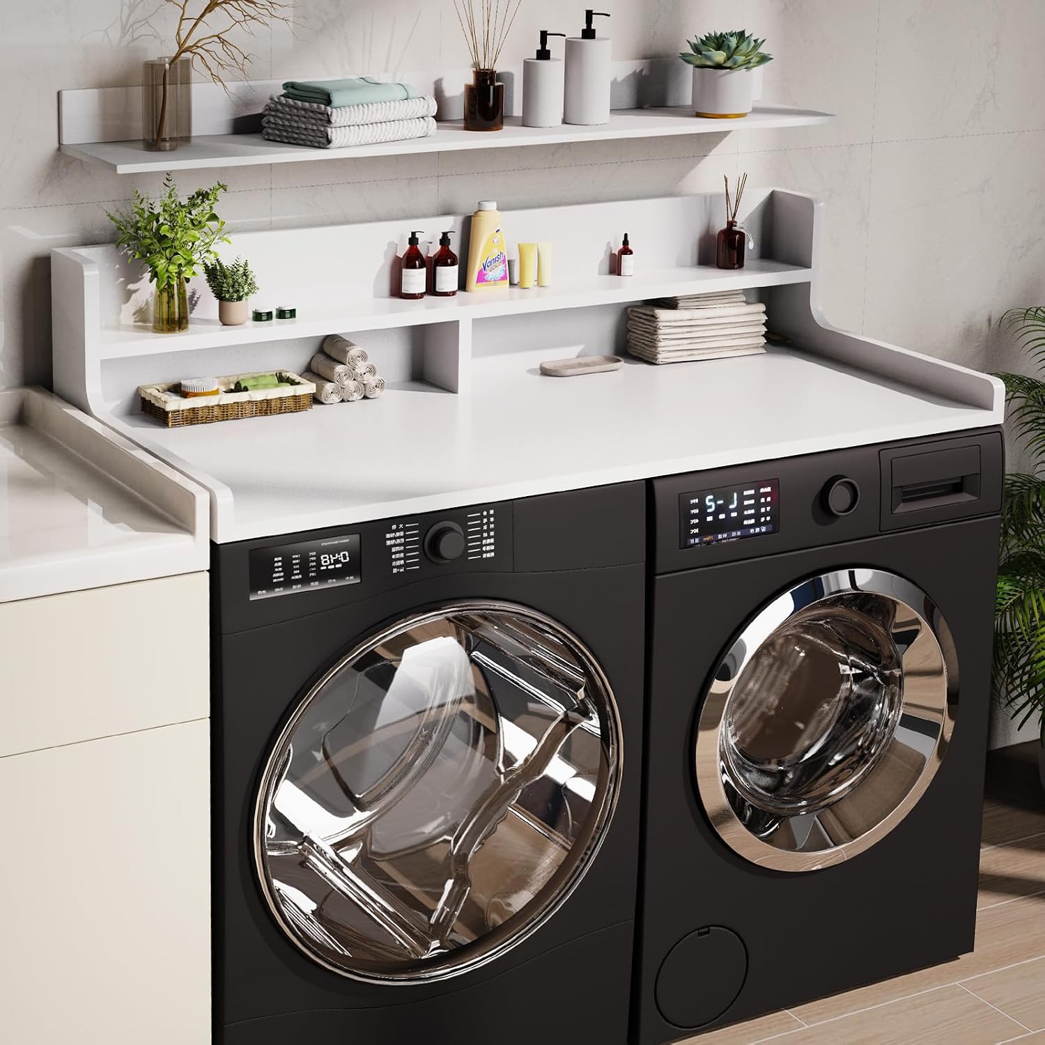 Washer Dryer Countertop, 54' x 27.55' 2-Tier Washer Dryer Topper with Edge, for Laundry Room Organization Whisper White