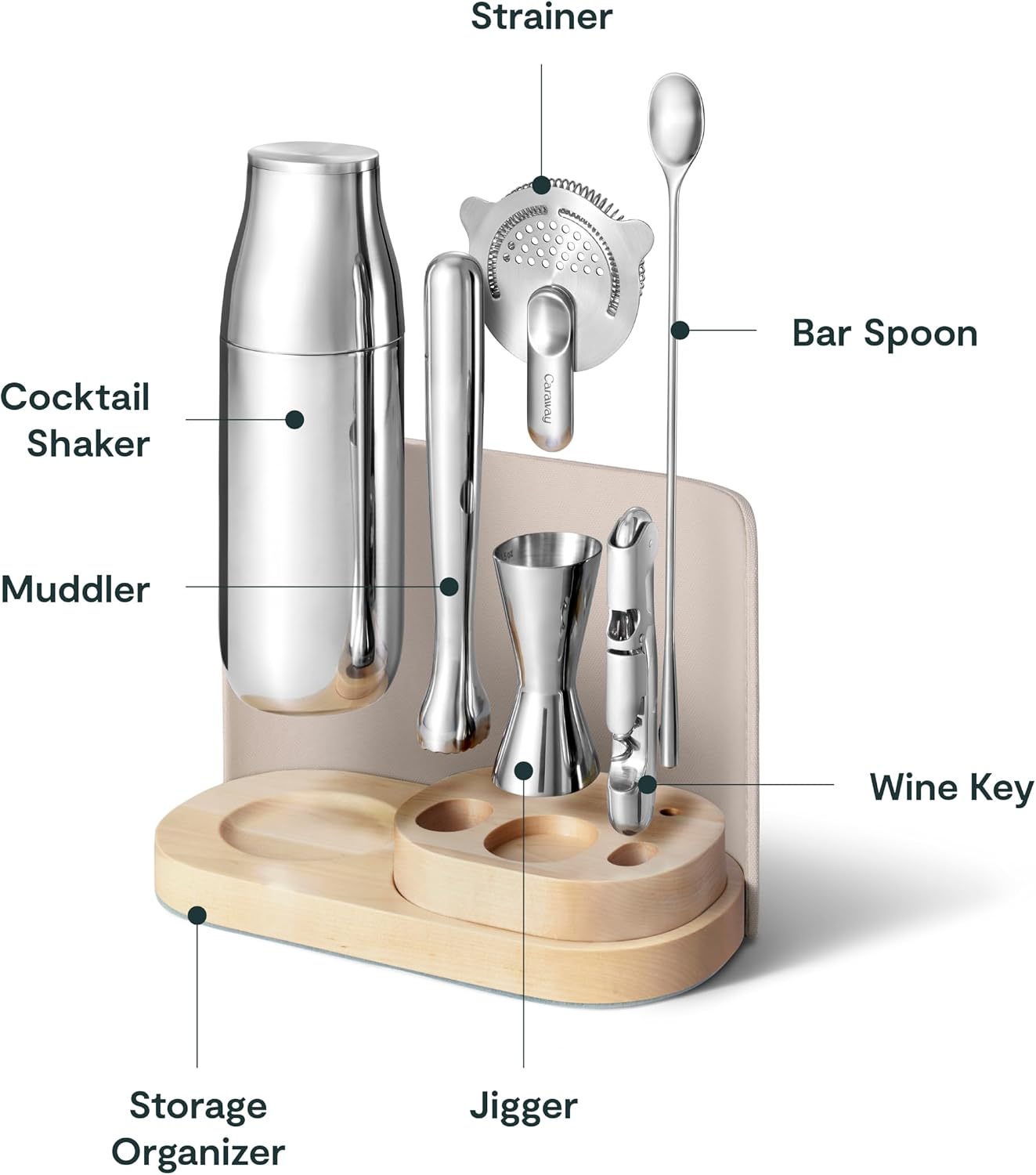 Caraway 9-Piece Complete Bar Set - Cocktail Shaker, Jigger, Muddler, Wine Key, Strainer, Bar Spoon, Storage Organizer, Magnetic Backer - Bartender Accessories - Tools for Home Bartending - Cream