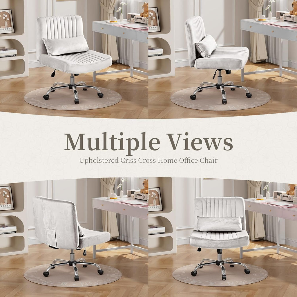 Warmiehomy Velvet Office Chair, Luxury Criss Cross Chair with Wheels, Comfy Cross Legged Desk Chair for Home Office, Stylish Vanity Chair, Wide Seat Computer Chair, Best Gift for Girls, Pure White