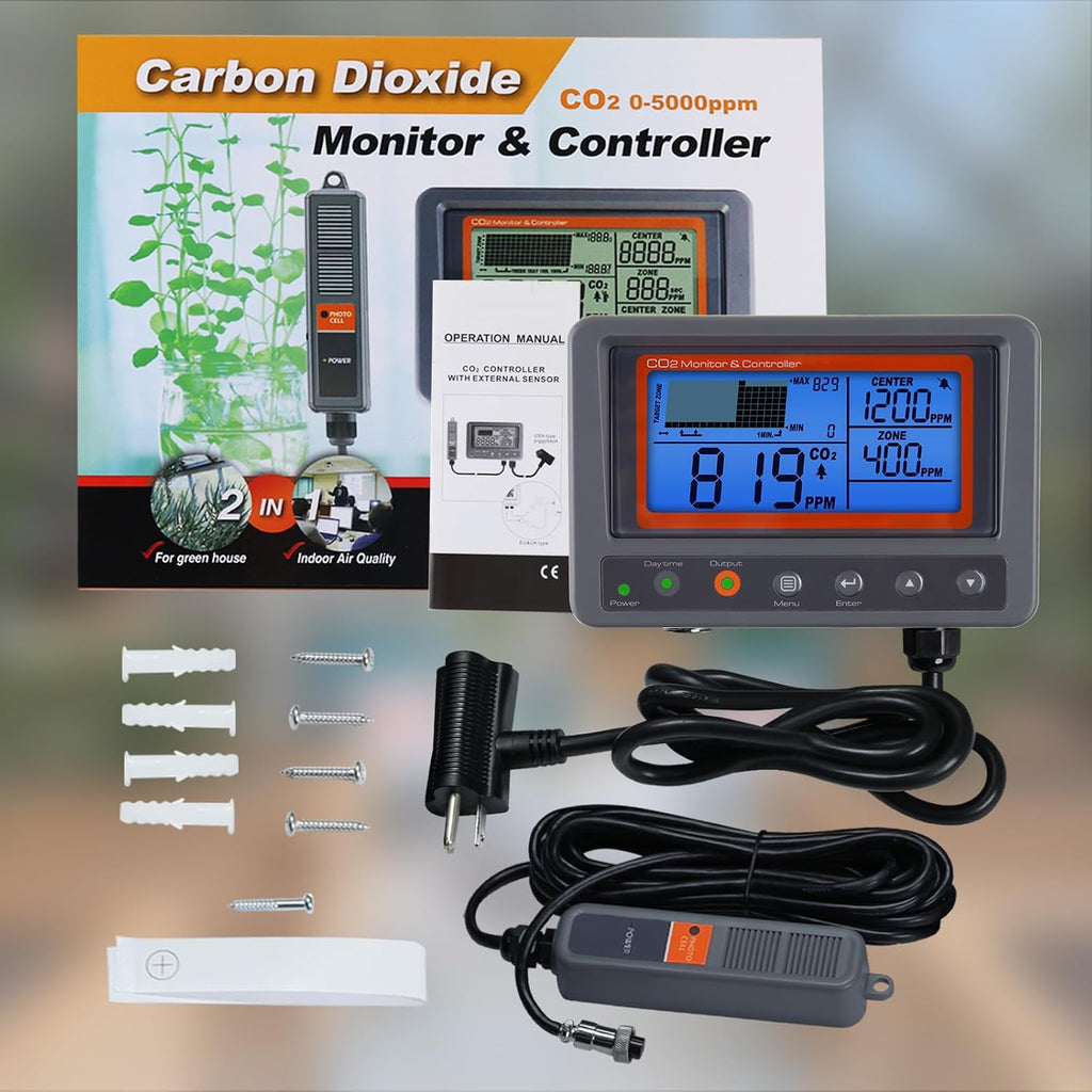 CO2 Controller Carbon Dioxide Controller CO2 Meter Monitor Day and Night Relay Function, NDIR CO2 Sensor for Green House, Grow Rooms, Factory, Home, Office