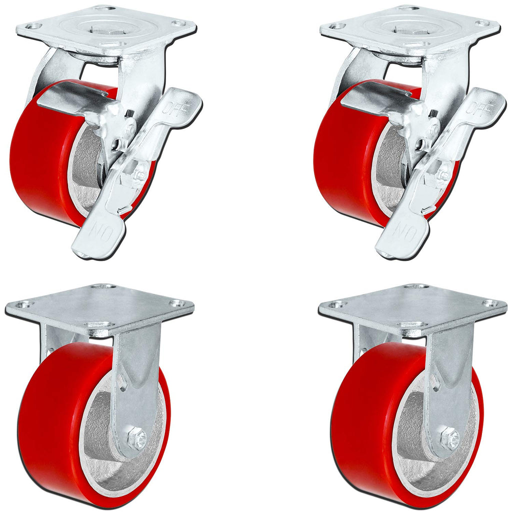 CasterHQ Set of 4 Heavy Duty Casters - 4' x 2' Heavy Duty Caster Set with Red Polyurethane on Steel Wheels, 800 pounds Capacity per Caster, 4' Size (Set of 4), Toolbox casters