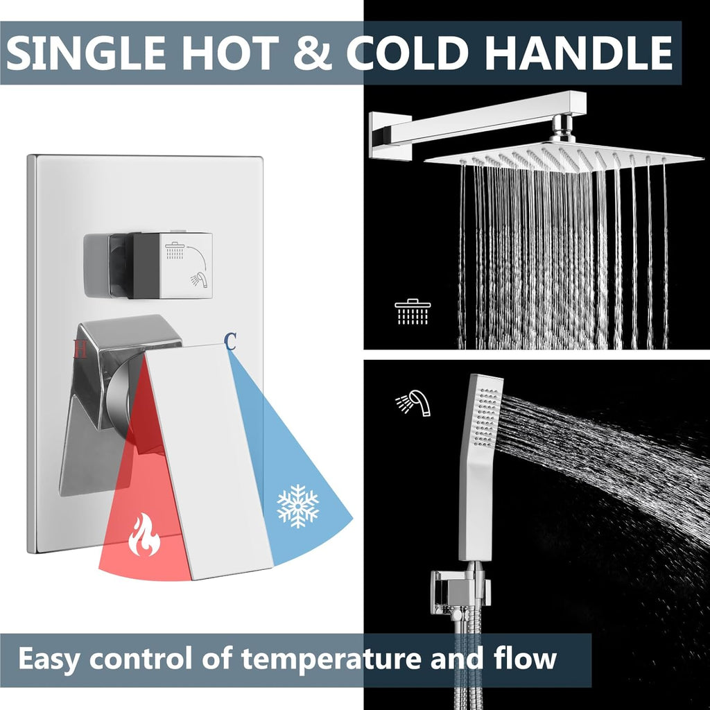 Aolemi Shower Faucet Set Rain Shower System with Handheld Spray Bathroom Shower Combo Rough-in Valve and Shower Trim Kit Included Polish Chrome 12 Inch Wall Mount Shower Head