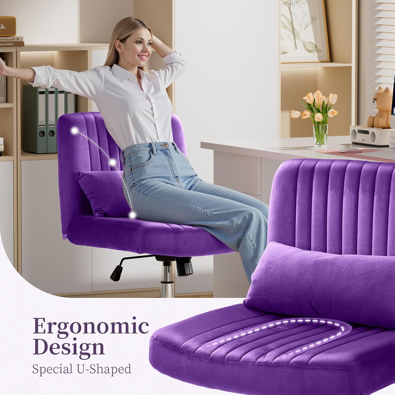 Criss Cross Chair with Wheels, Velvet Cross Legged Office Chair, Comfy Desk Chair for Home Office, Ergonomic Computer Chair, Wide Seat Vanity Chair, Birthday Gift for Women, Velvet Plum Purple