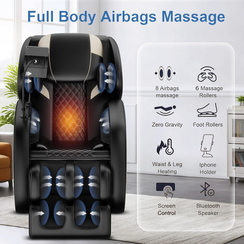 Zero Gravity Massage Chair Recliner with 8 Roller Heads, Full Body Air Pressure System, Heated Waist and Legs, Foot Roller Therapy, Bluetooth Audio, Automatic Programs for Home Office, Black