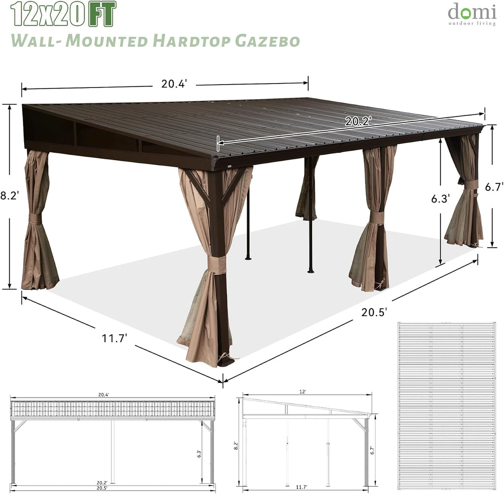 Domi 12' x 20' Lean to Gazebo with Aluminum Frame, Wall Mounted Gazebo Hardtop Galvanized Steel Sloping Roof with Curtains and Netting for Patio Deck Backyard Lawn Party