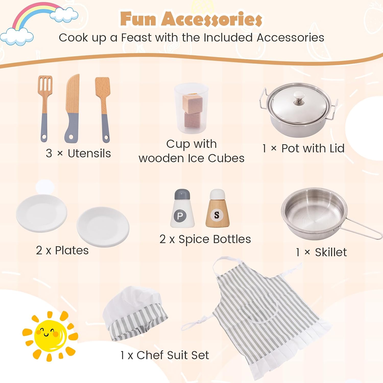 Costzon Corner Kids Kitchen Playset, Wooden Play Kitchen with Sounds & Lights, Washing Machine, Range Hood, Ice Maker, Microwave, Oven, Sink, Pretend Toy Kitchen Set for Toddler, Gift for Boys Girls