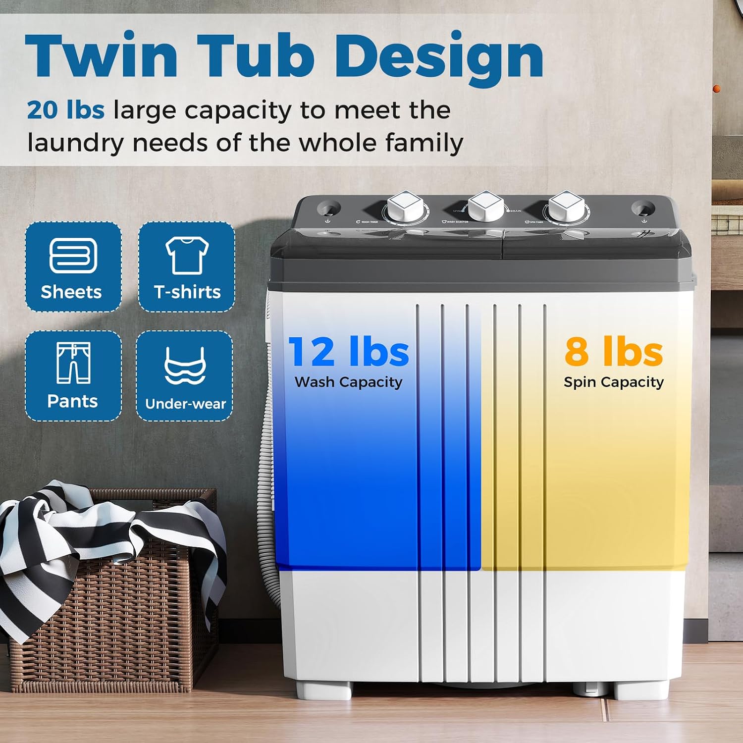 COSTWAY Portable Washing Machine, Twin Tub 20 Lbs Capacity with Drain Pump, Laundry Washer 12 Lbs and Spinner 8 Lbs with Timer Control, Perfect for Apartment Dorm RV, Grey+White