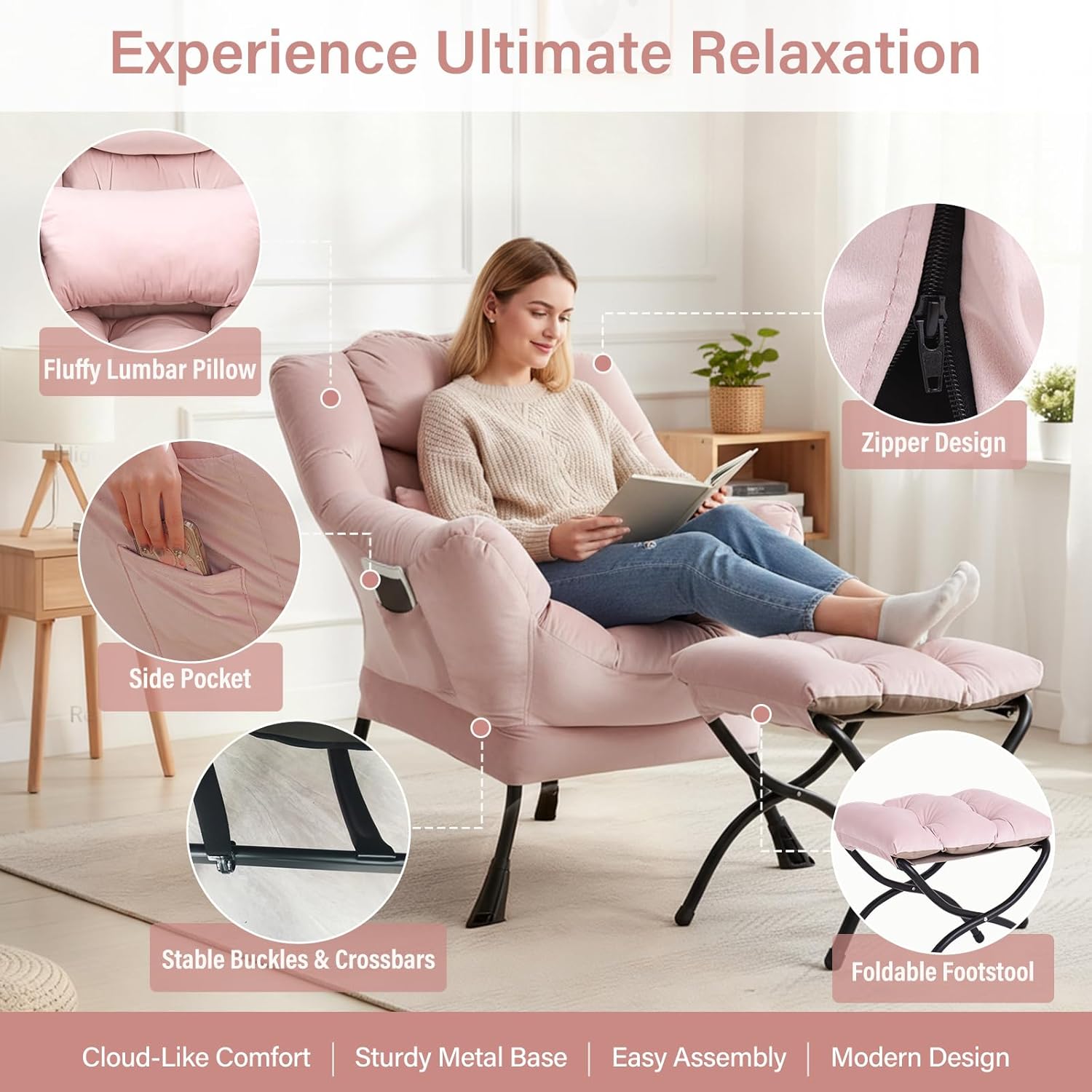 Lazy Chair with Ottoman, Modern Accent Chair with Lumbar Pillow, Velvet Pink Sofa, Armchairs with Folding Footrest, Oversized Supportive Chairs for Bedroom, Reading