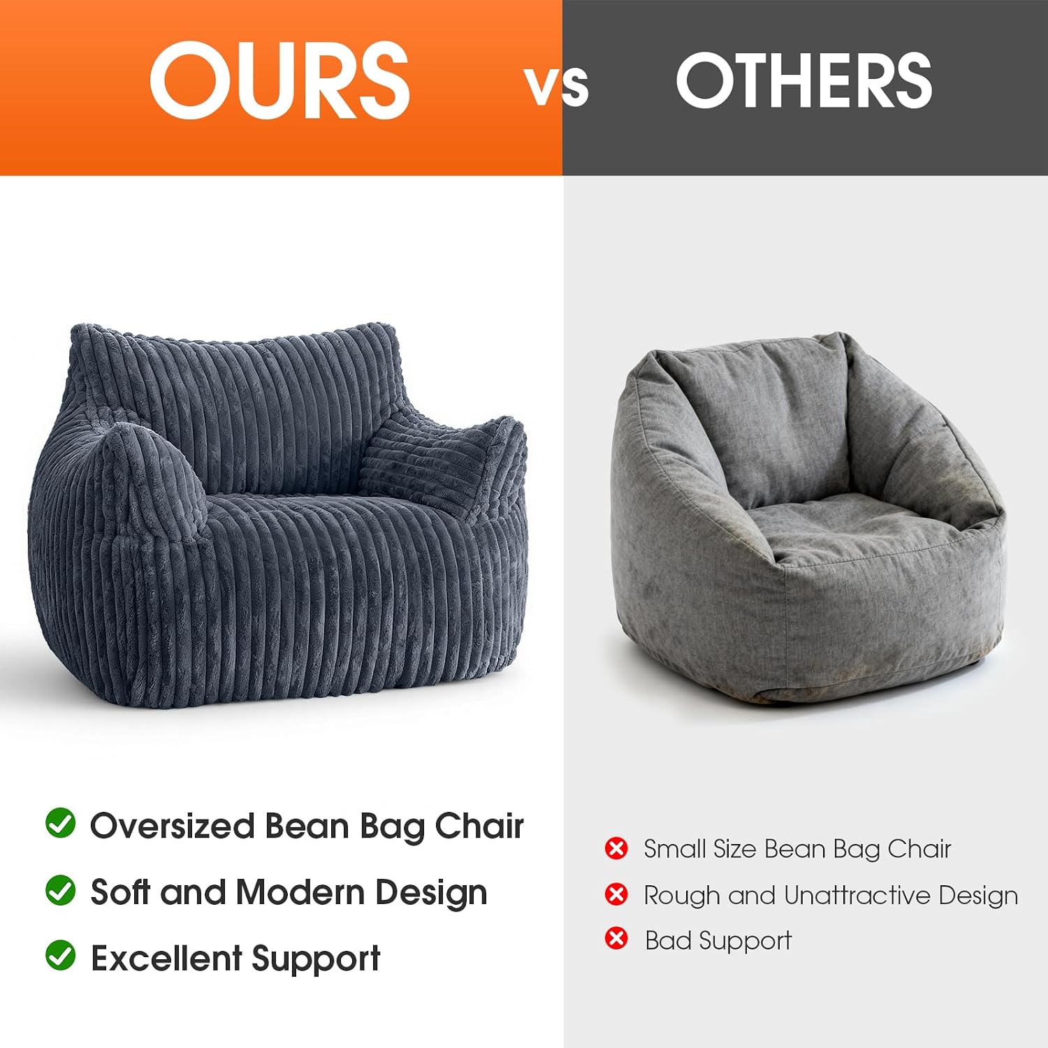 Giant Bean Bag Chair with Ottoman, Oversized Memory Foam Bean Bag Sofa for Adults and Kids, Large Comfy Fluffy Single Lounges Mini Couch for Living Room, Bedroom & Dorm(Gray)