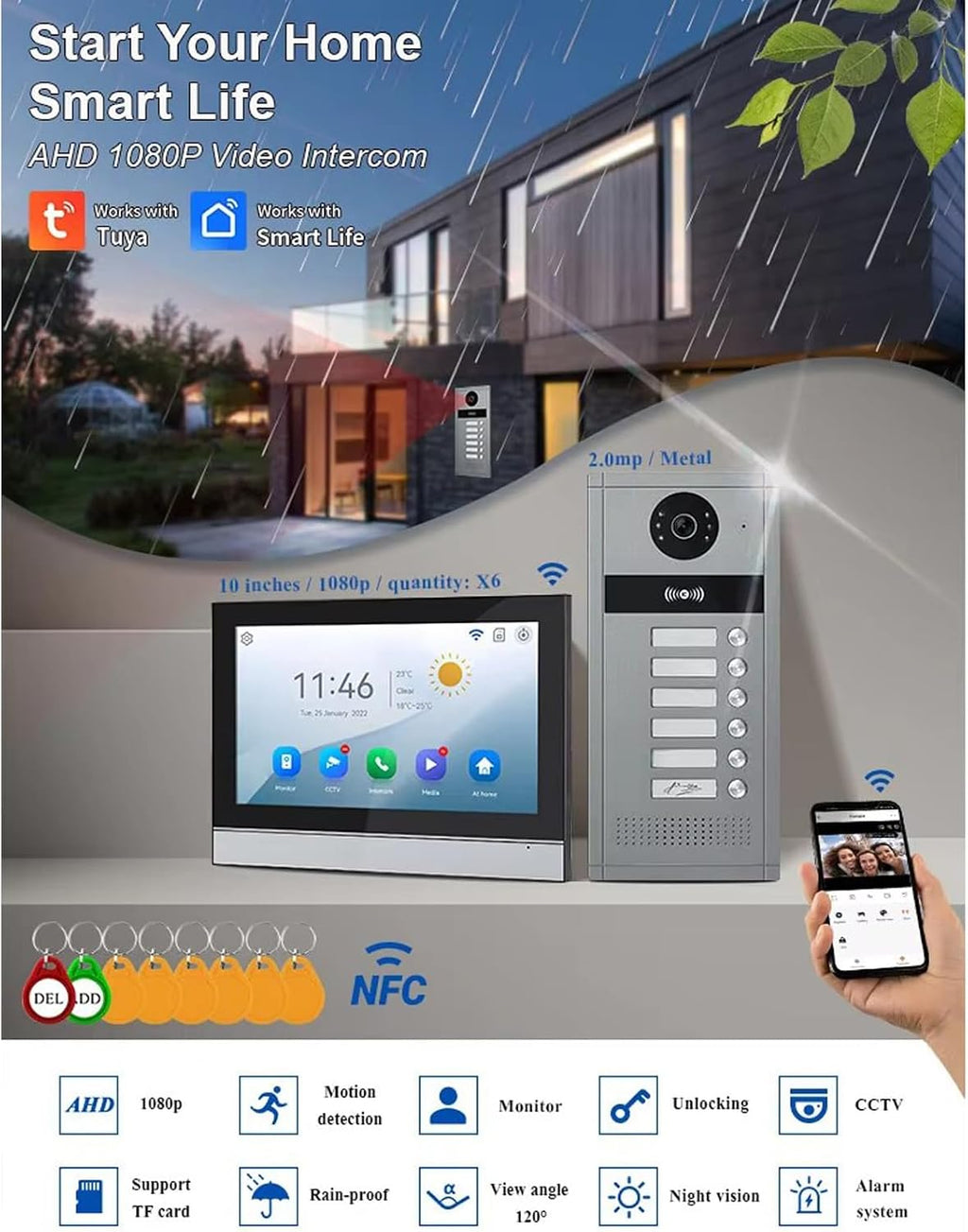 Wired Video Apartment Intercom System,6/12/18/24 Units 7 Inch Monitor 1080P Doorbell Intelligent Doorphone Kit with Motion Detection,Anti-Tamper Alarm,3 in 1 Unlock for Flat House,Tuya (6 Monitor)
