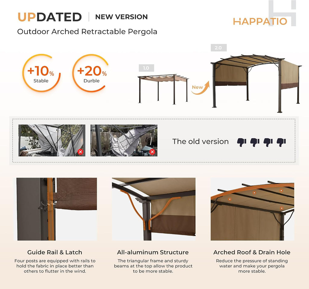 HAPPATIO 12' x12' Outdoor Retractable Pergola, Aluminum Pergola with Canopy Fixed in Various Positions, Arched Roof with Sun Shade Canopy Metal Frame for Backyards, Gardens, Patios (Brown)