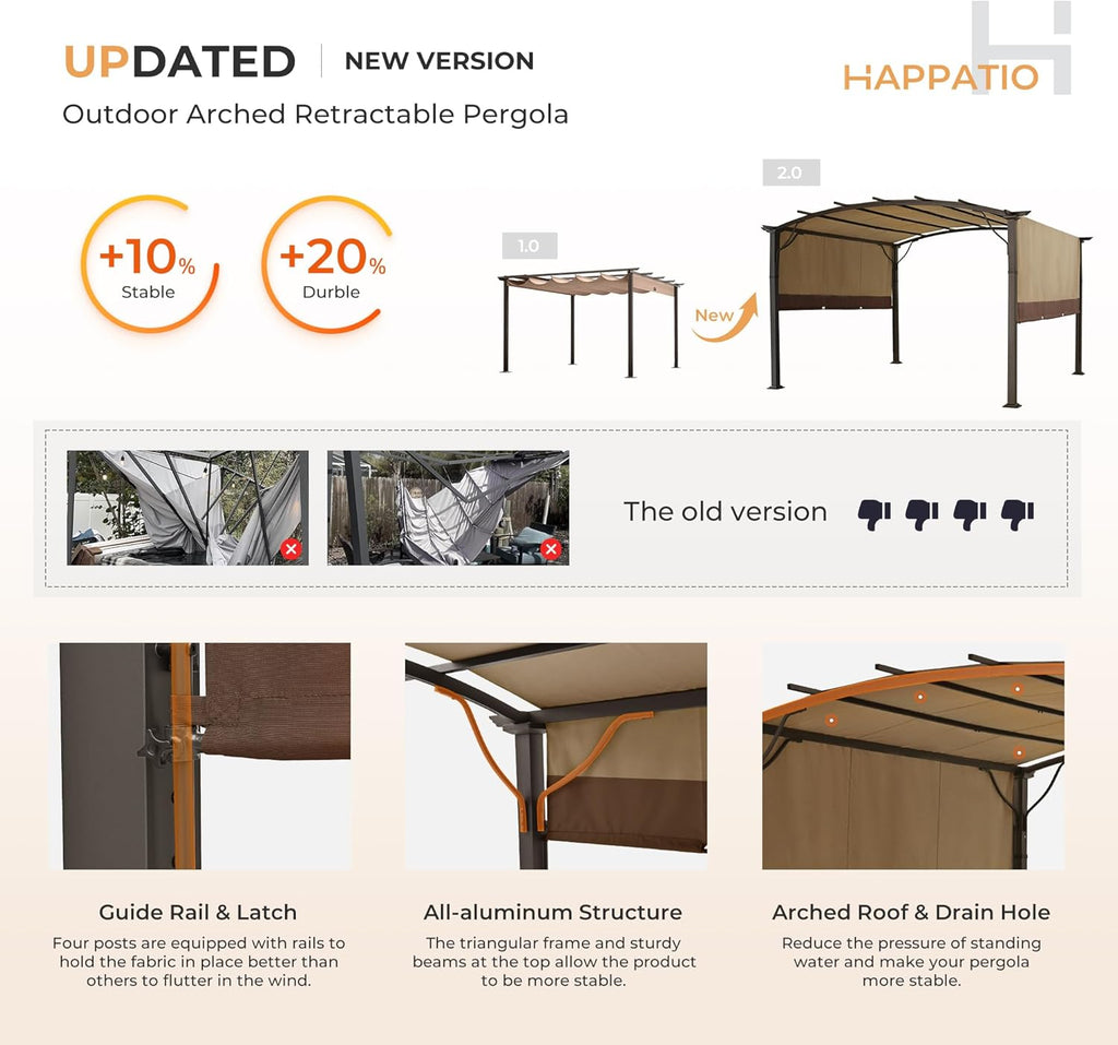HAPPATIO 10' x13' Outdoor Retractable Pergola, Aluminum Pergola with Canopy Fixed in Various Positions, Arched Patio Top with Sun Shade Canopy Metal Frame for Backyards, Gardens, Patios (Brown)