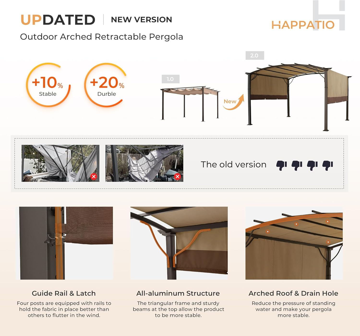 HAPPATIO 10' x13' Outdoor Retractable Pergola, Aluminum Pergola with Canopy Fixed in Various Positions, Arched Patio Top with Sun Shade Canopy Metal Frame for Backyards, Gardens, Patios (Brown)