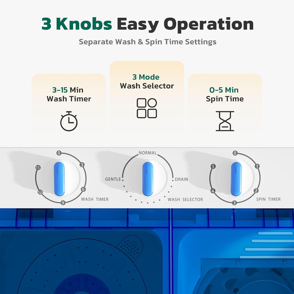 Greenvelly Portable Washing Machine, 28 Lbs Capacity Twin Tub Washing Machine, 18lbs Washer and 10lbs Spinner Combo, Compact Laundry Washer for Apartment,Camping, RVs and Dorms, Blue+White
