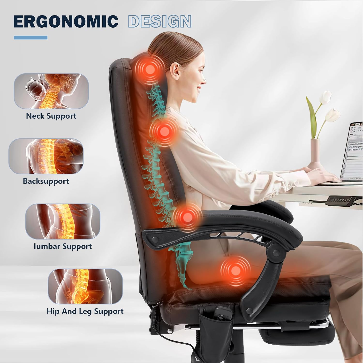 HOMREST Ergonomic Office Chair with 6-Point Massage & Heating, Adjustable Executive Desk Chairs with Retractable Footrest, PU Leather Home Office Desk Chair for Home & Office (Black)