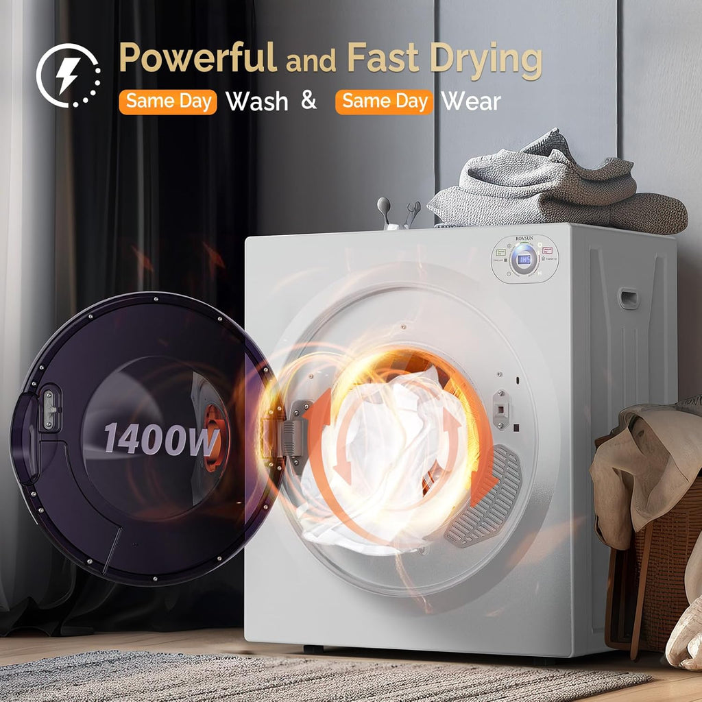 ROVSUN 2.6 Cu.Ft Portable Clothes Dryer, 1400W Fast Drying Front Load Tumble Laundry Dryer with Stainless Steel Tub & LCD Control Panel Six-Mode for Apartment, Home, Dorm