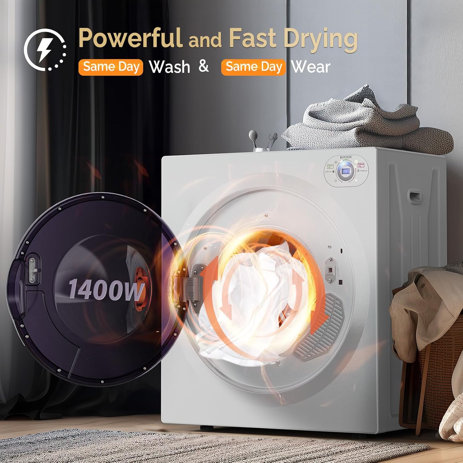 ROVSUN 2.6 Cu.Ft Portable Clothes Dryer, 1400W Fast Drying Front Load Tumble Laundry Dryer with Stainless Steel Tub & LCD Control Panel Six-Mode for Apartment, Home, Dorm