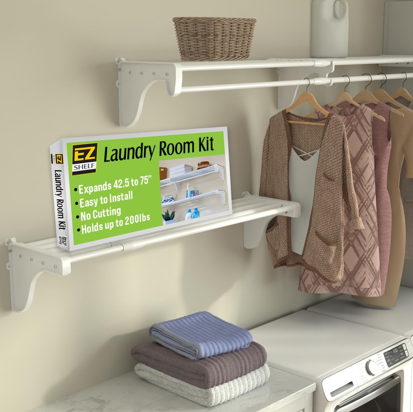 EZ Shelf Expandable Laundry Room Shelving Kit, Wall Mount, White