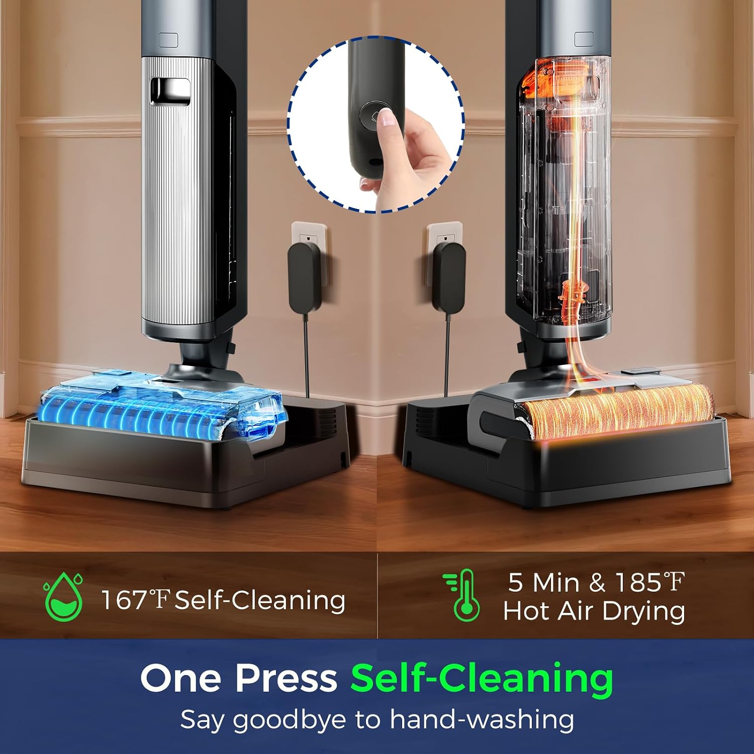 Wet Dry Vacuum Cleaner,Cordless Vacuum Mop Combo with Self-Cleaning,All in one Floor Cleaner Machine for Hard Floor,45kPa Suction 75 Mins Runtime Anti-Tangle,LED Light,180° Lay-Flat,Self Propelled
