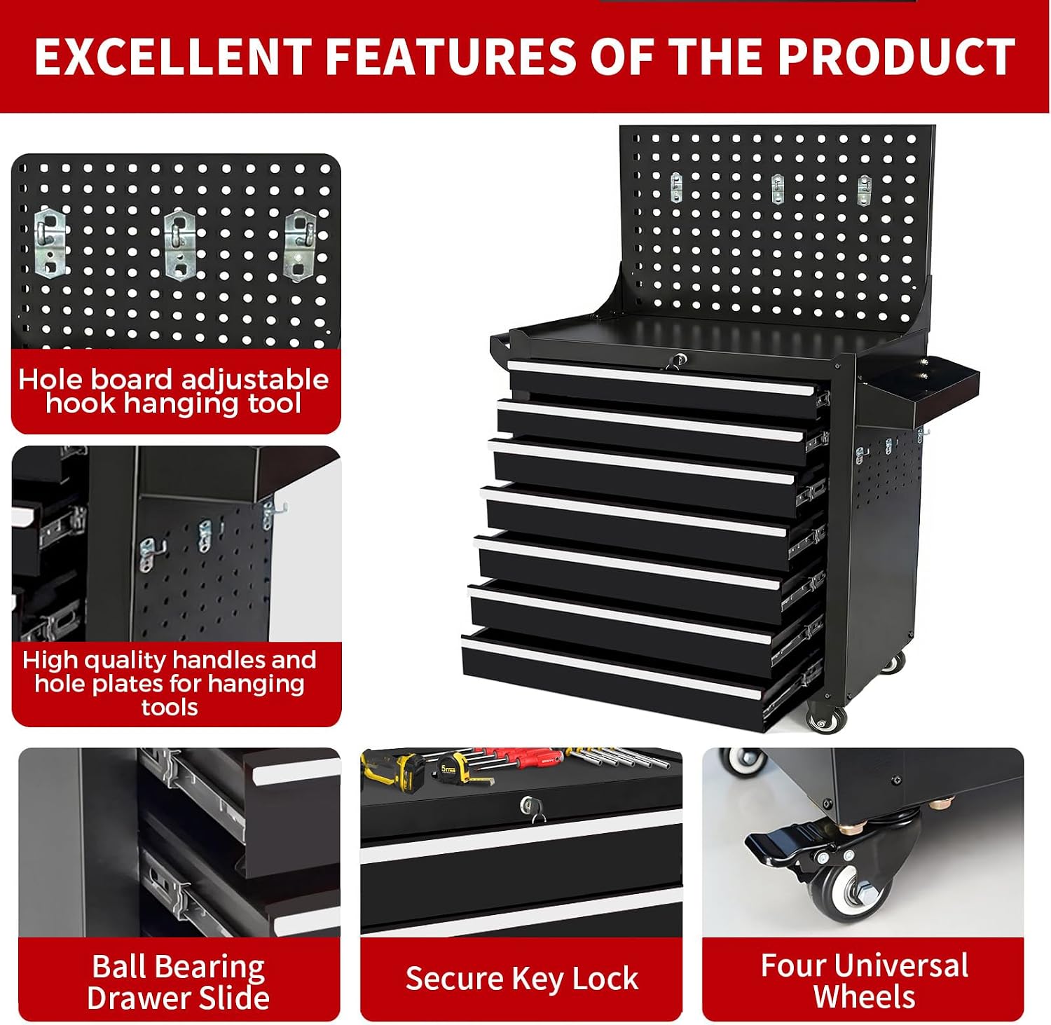 Rolling Tool Chest with Wheels, 7 Drawers Tool Storage Cabinet, Portable Metal Tool Box Organizer with Lock, Tool Cart on Wheels Toolbox Workbench for Garage, Workshop, Warehouse(Required Assembly)