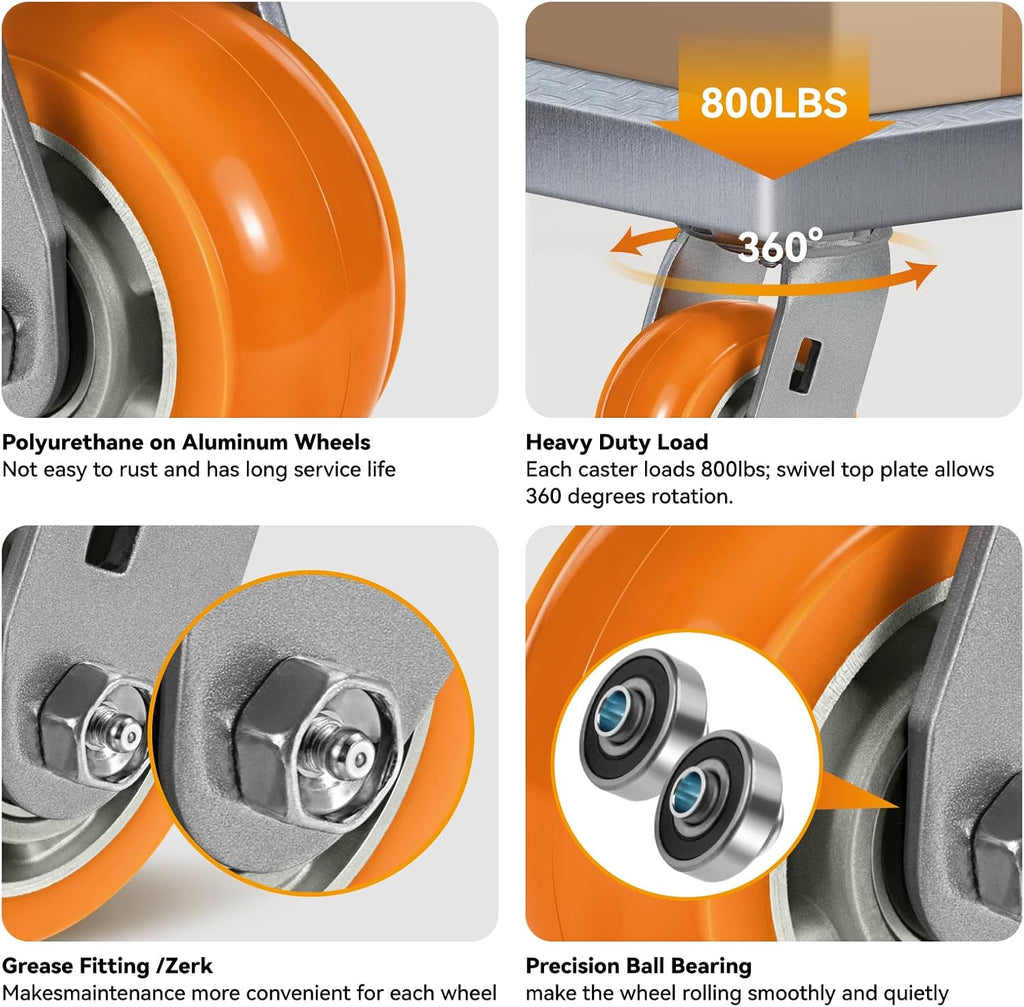 4' Casters, Heavy Duty Industrial Caster Wheels, Crowned Tread Aluminum Core Thickened Polyurethane Casters Set of 4 with Load 3200lbs Capacity, Wheels for Cart Toolbox (4 Swivel)