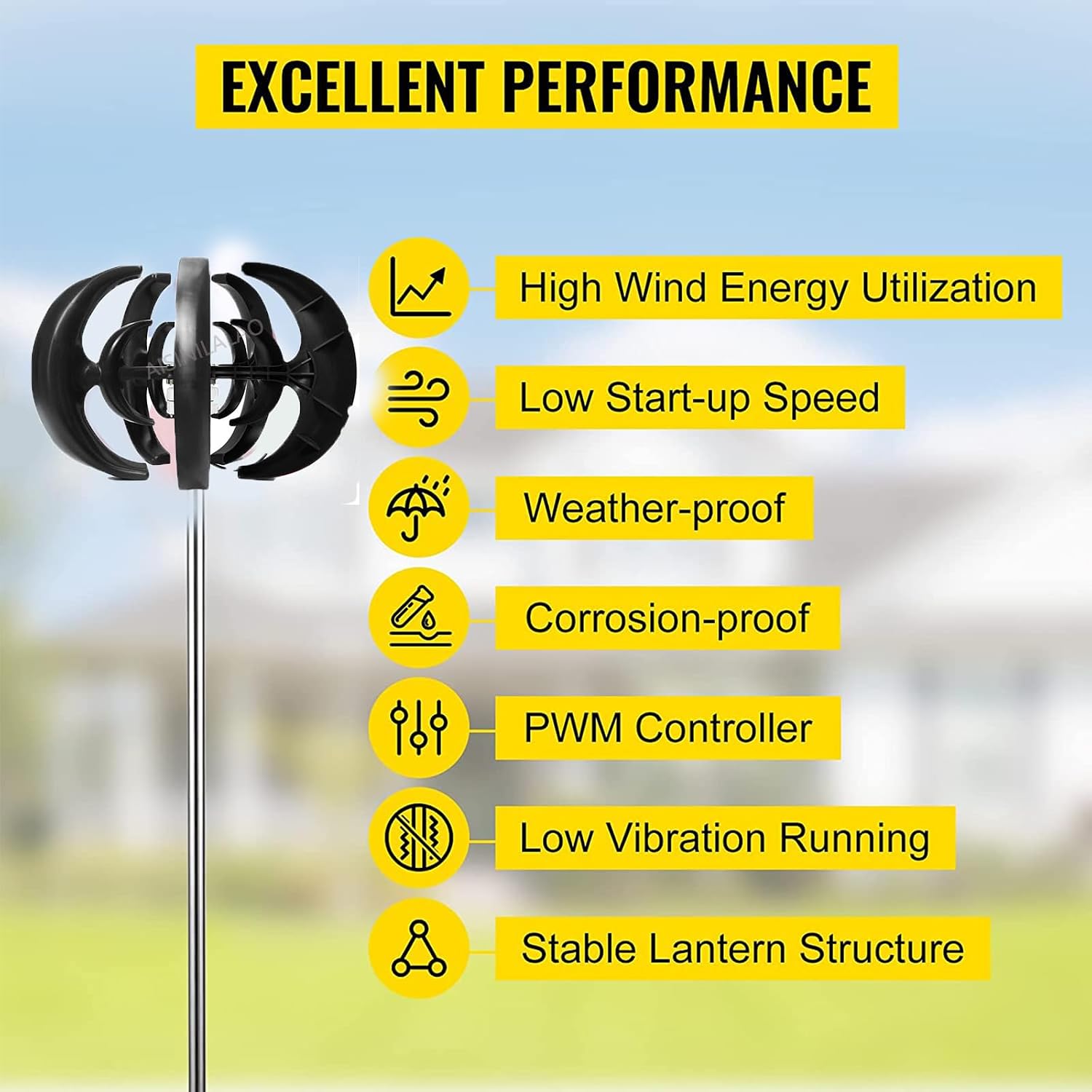 No Noise Vertical Wind Turbine Generator, 3000W Vertical Wind Generator with MPPT Charge Controller 5 Blades for Home Or Camping(Black)