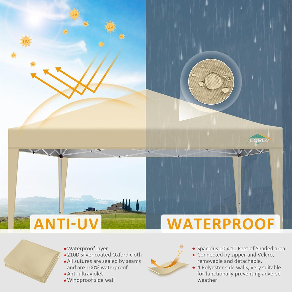 COBIZI 10x10 Pop Up Canopy Tent with 4 Sidewalls,10x10 Easy Up Waterproof Canopy Tents for Parties Camping Exhibition, Outdoor Easy Set U Gazebo Tent with Carry Bag,8 Stakes & 4 Ropes (Khaki)