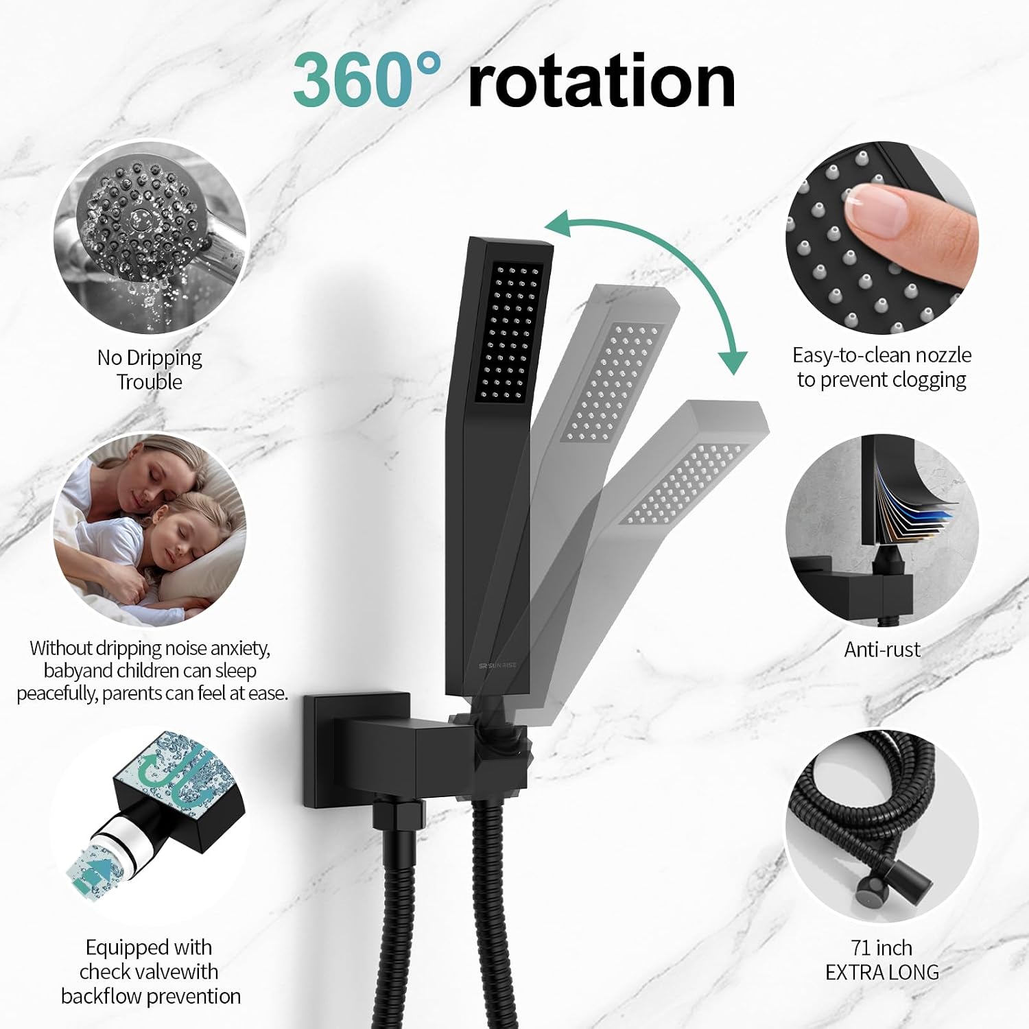 SR SUN RISE Black Square Rainfall Shower Head and Handle Set, Wall Mounted Shower Fixtures, Metal Shower Faucet Trim Repair Kits (With Shower Valve)