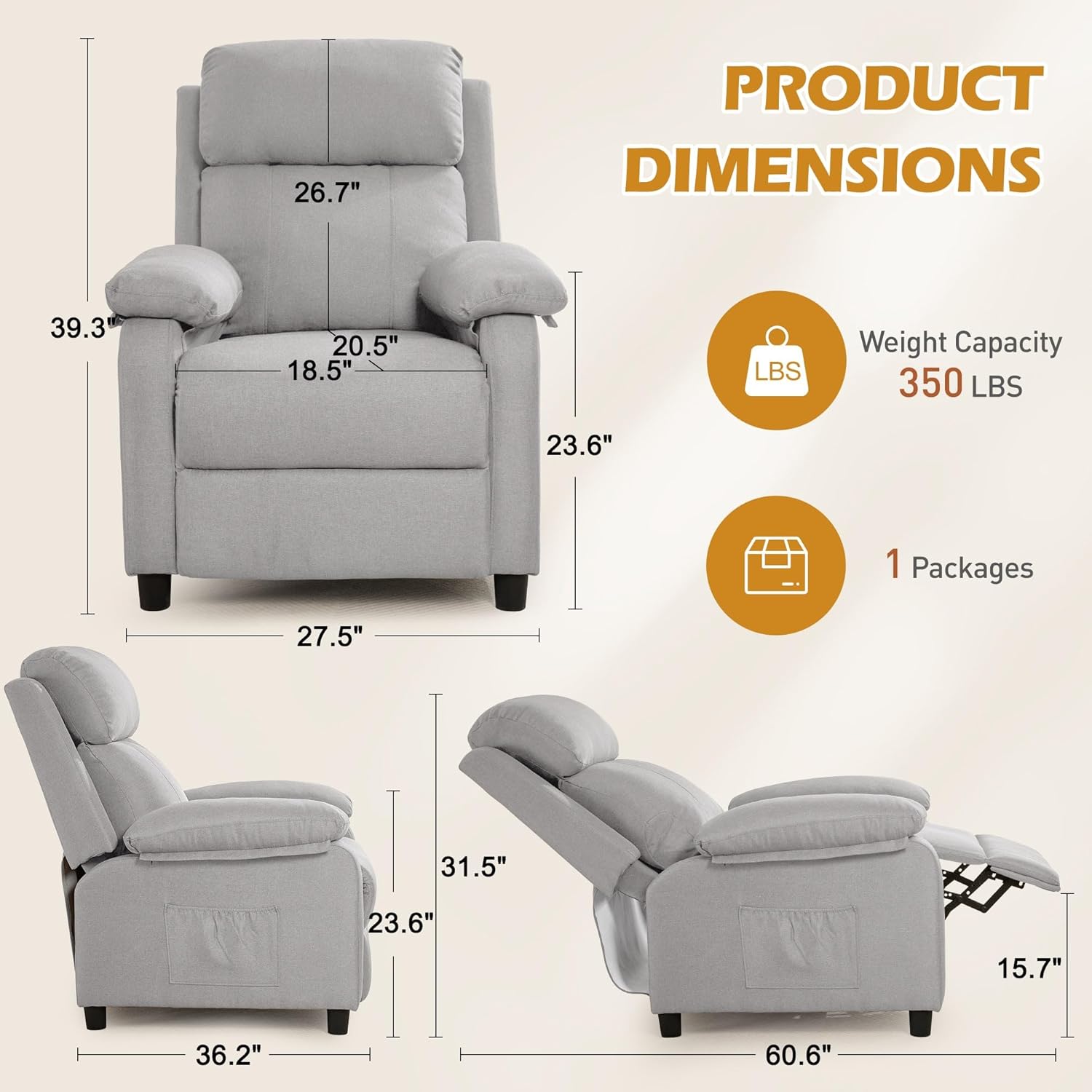 Korser Recliner Chair, Living Room Chairs for Adults, Padded Deep Seat Reading Chair with Side Pockets, Small Recliners for Small Spaces, Lounge Chair for Living Room, Bedroom, and RV (Linen)