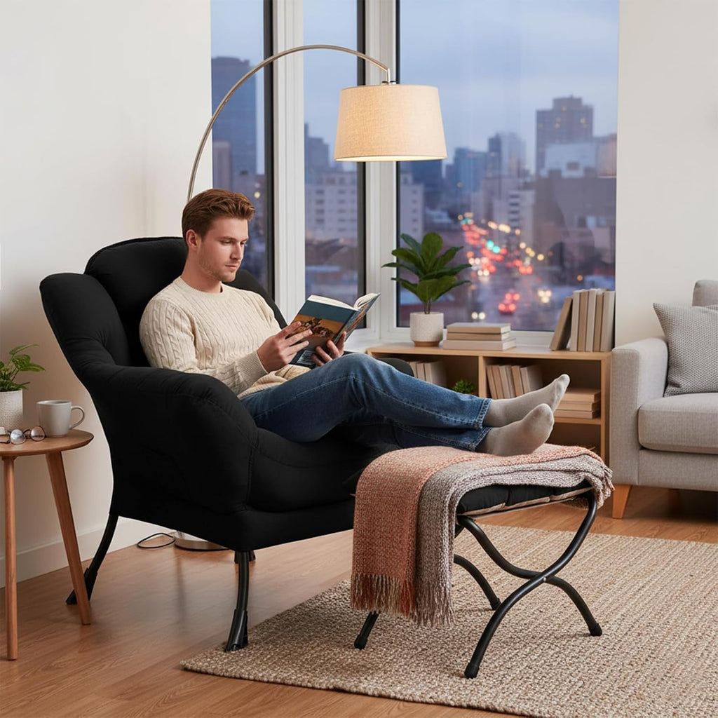 Welnow Lazy Chair with Ottoman, Modern Accent Chair with Armrests and a Side Pocket, Leisure Sofa Armchair Set, Reading Armchair with Footrest for Small Space, Black