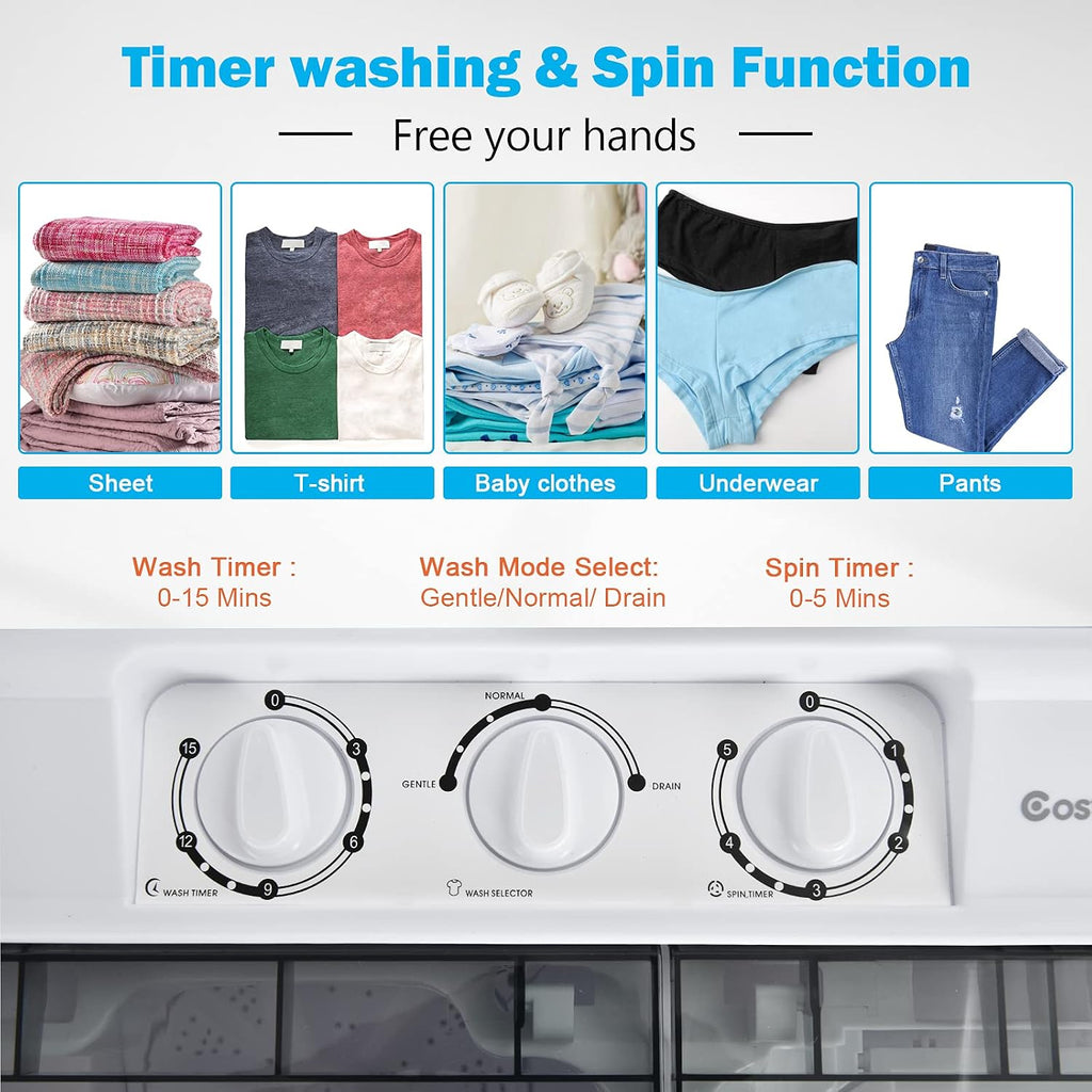 COSTWAY Portable Washing Machine, Twin Tub 21Lbs Capacity, Washer(14.4Lbs) and Spinner(6.6Lbs), Laundry Machine with Control Knobs, Built-in Drain Pump, Compact Washer for Apartment, RV, Grey