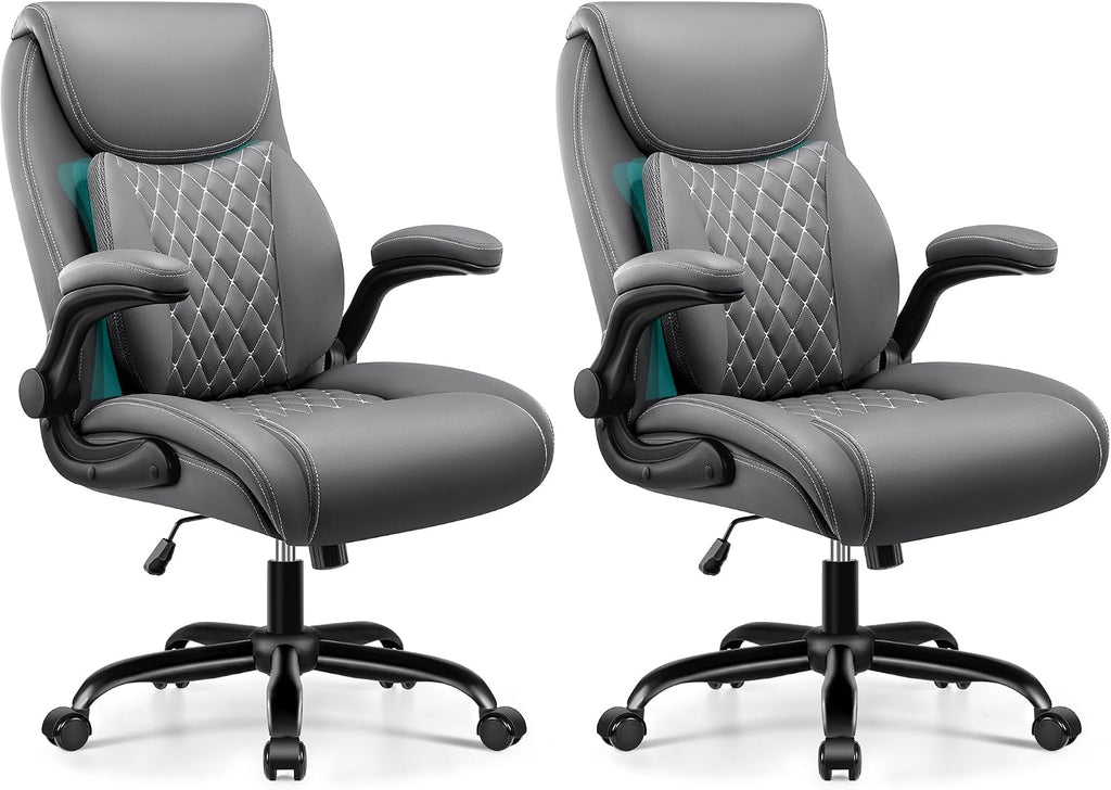BESTFAIR Office Chair, Ergonomic Computer Desk Chairs with Lumbar Support for Lower Back Pain Relief, Executive Leather Home Chair Comfy with Padded Flip-up Armrests, Gray, 2-Pack