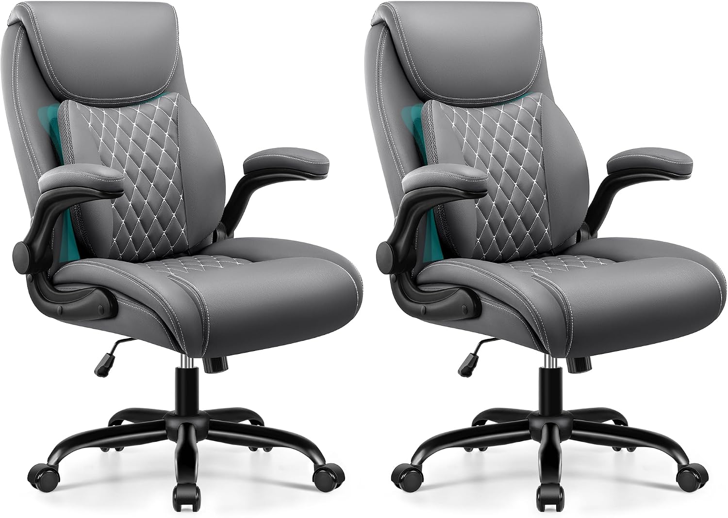 BESTFAIR Office Chair, Ergonomic Computer Desk Chairs with Lumbar Support for Lower Back Pain Relief, Executive Leather Home Chair Comfy with Padded Flip-up Armrests, Gray, 2-Pack