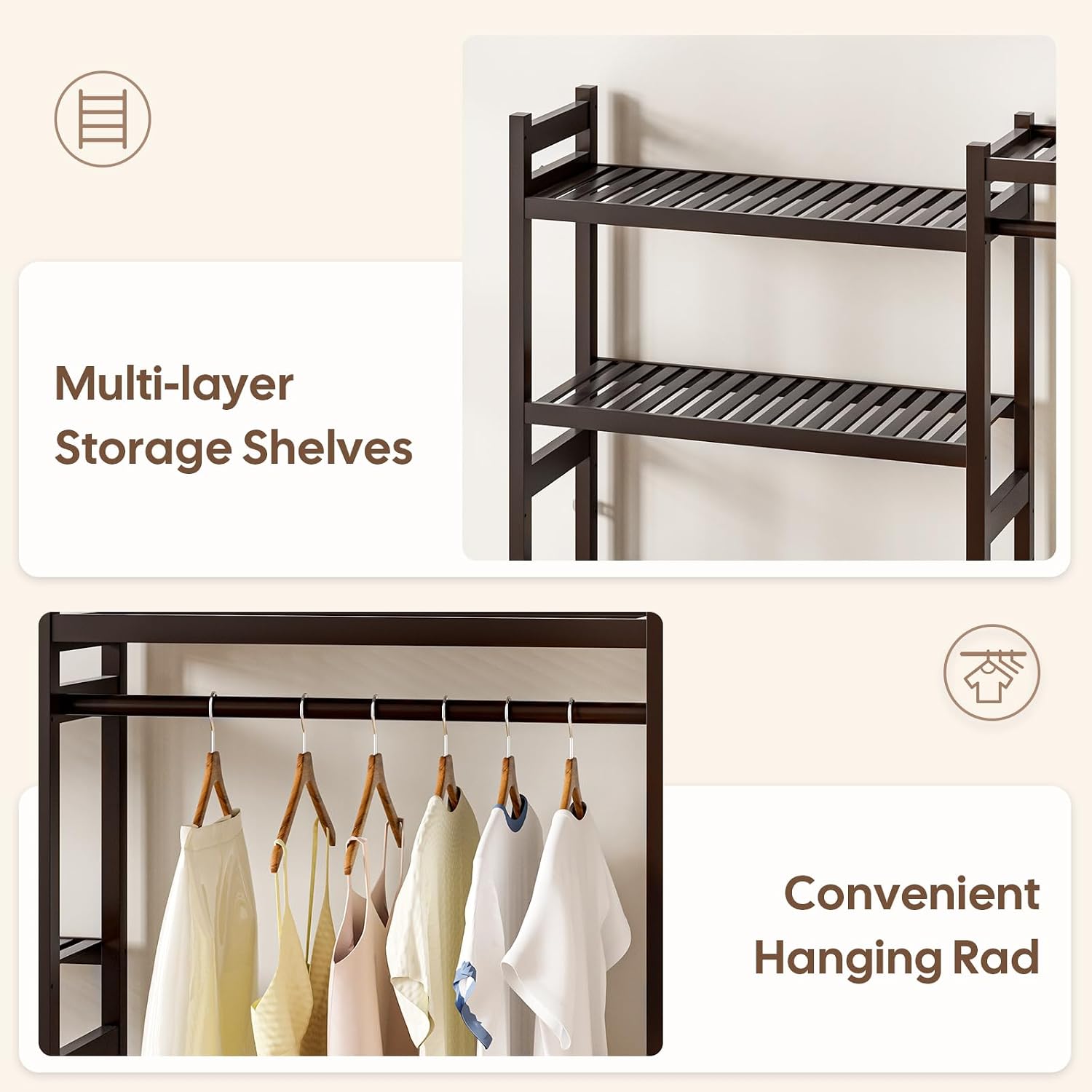 Cozivolife Over The Washer and Dryer Storage Shelf Bamboo,5 Tiers Laundry Room Drying Rack with Adjustable Shelves and 4 Hooks,Space Saver Organizer for Hanging Clothes and Towels (Brown)